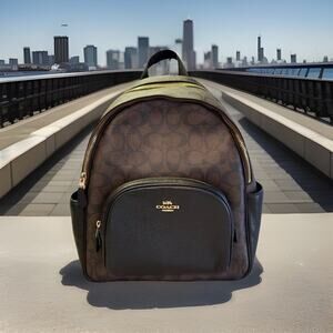 Coach Court Gold/Brown Black Signature Coated Canvas & Leather Backpack (5671)
